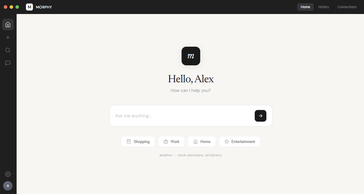MORPHY polymorphic AI assistant interface showing a sleek dark theme with gold accents